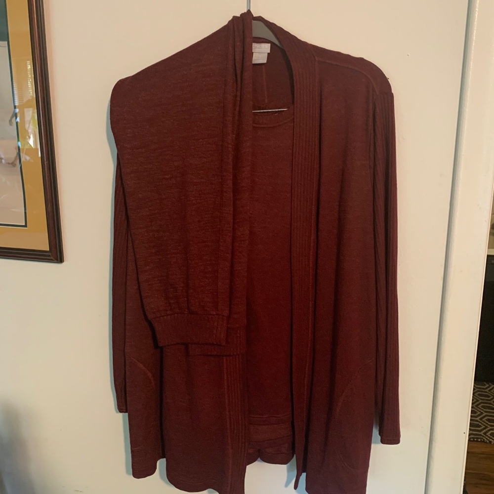 CHICO's  3 pc Cardigan, sleevless shirt  & Pants Size 2 burgendy.